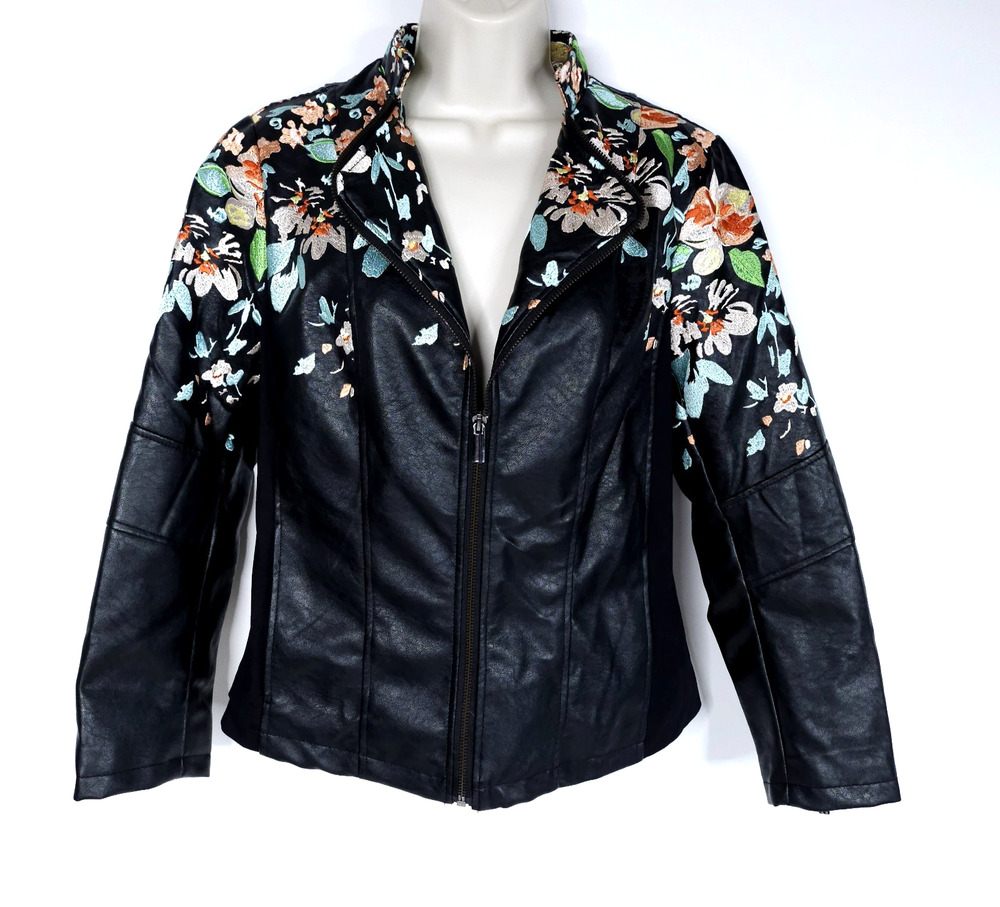 Colleen Lopez Womens Black Faux Leather Floral Embroidered Moto Jacket Size M
